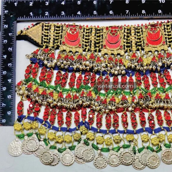 Ethnic Statement Choker Necklace With Red Glass Stones - Picture 9 of 11